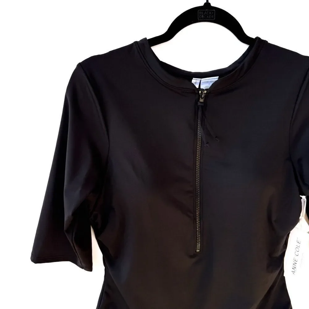 NWT Anne Cole Black Short Sleeve One Piece Live In Half Zip Rash Guard Swimsuit